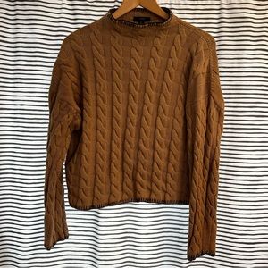 J Crew Cotton-cashmere cable-knit mockneck sweater Womens XL Tan/Black Contrast